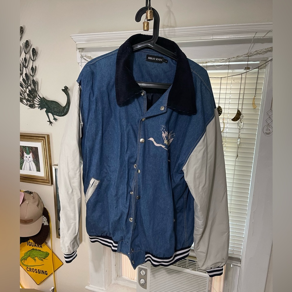 Denim bomber jacket with bird graphic